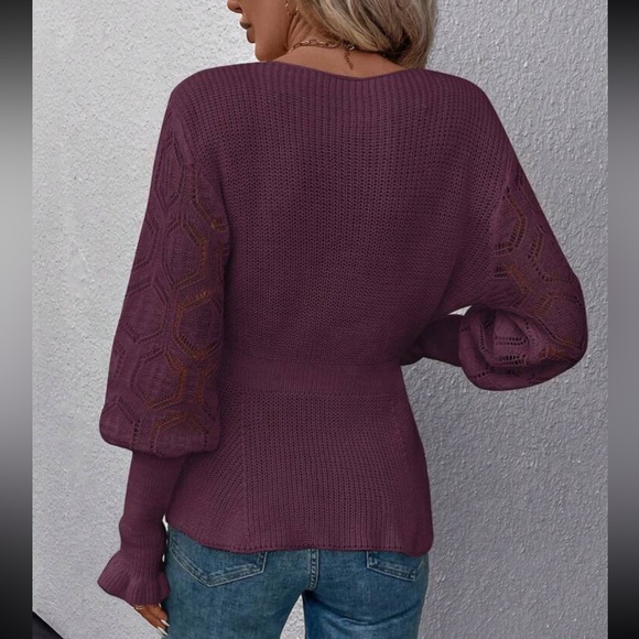 Sheer Mesh Lace Cuff Long Sleeve V -Neck Sweater Top - Picture 14 of 16